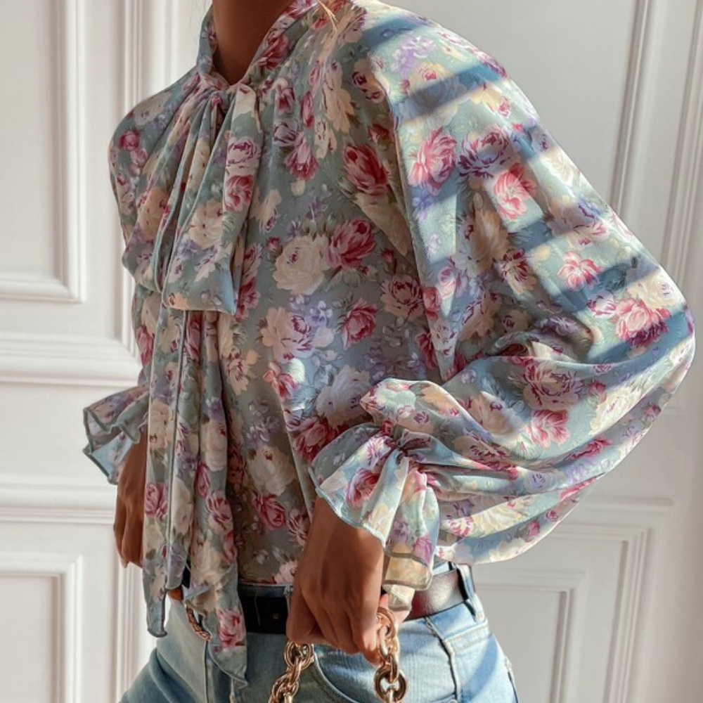 Bohemian Blush Pink Floral Neck Tie Ruffle Top Cottagecore - Picture 2 of 8